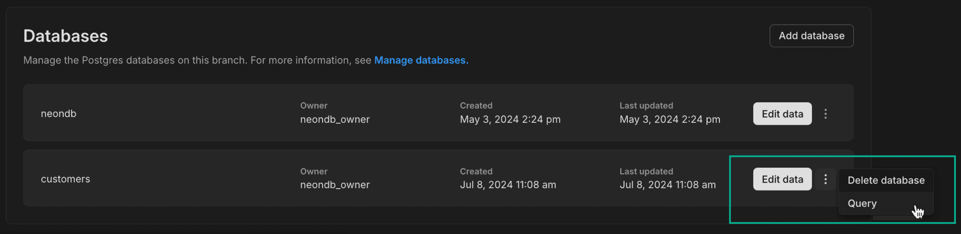 databases edit and new kebab
